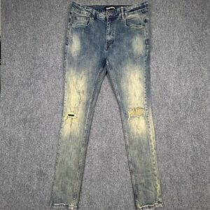 Serenede Fitted Denim Jeans Men 34 Blue Yellow Tint Distressed Ripped Streetwear